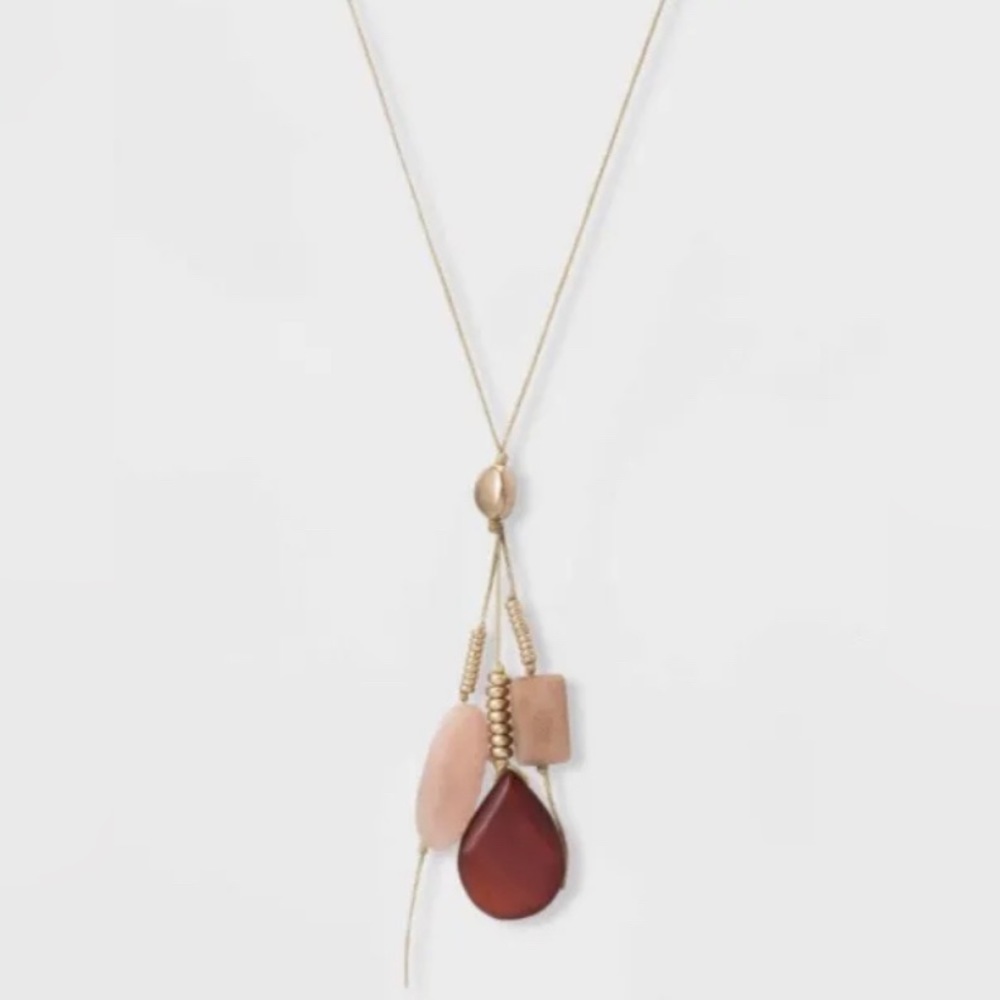 Universal Thread Sunstone/Peach Quartz Cluster Pendant Adjustable Cord Necklace